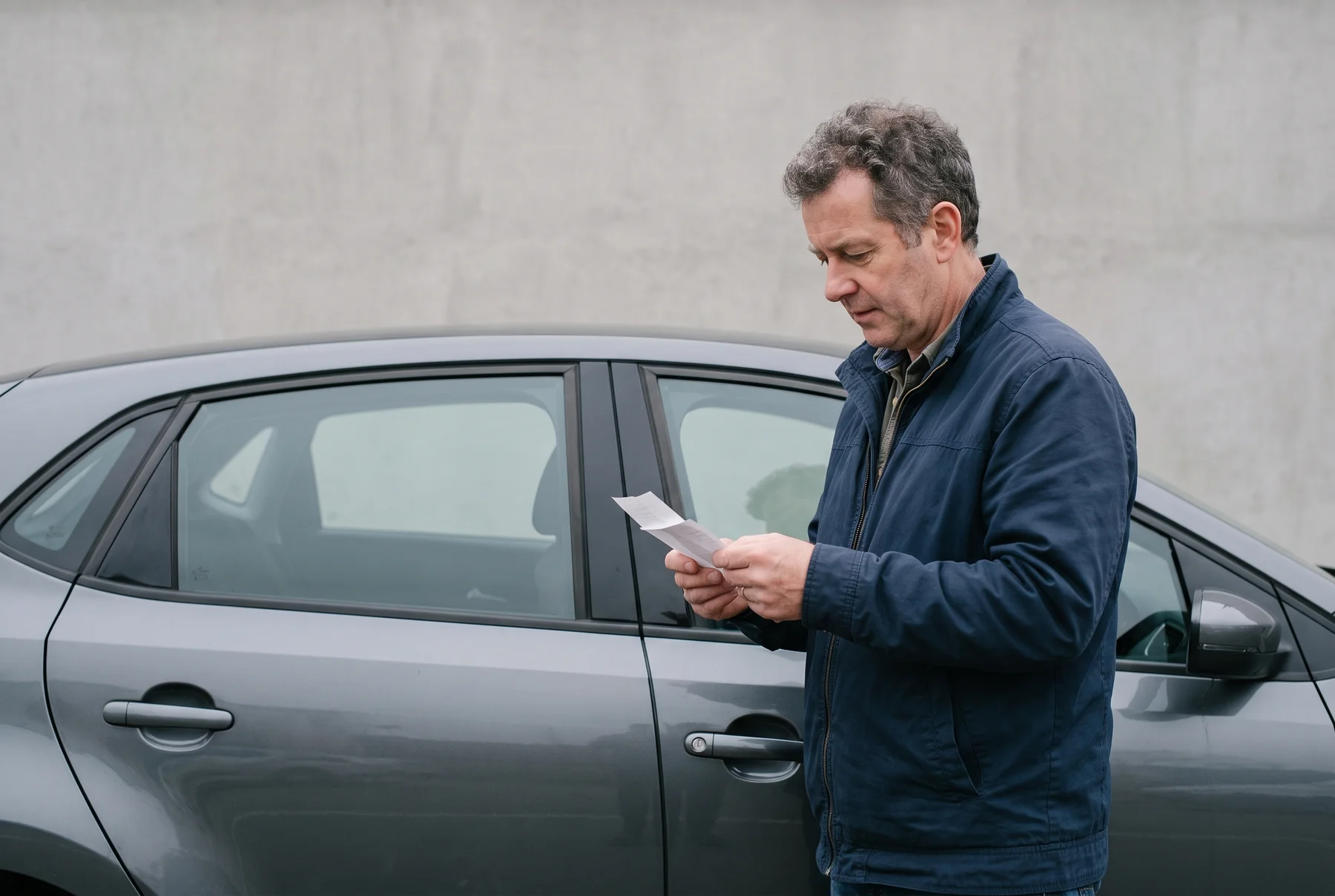 A driver considering a fuel receipt beside a car